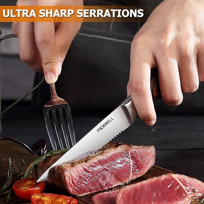 Steak Knives,Steak Knives Set of 4, Ergonomic Wood Handle, 4.5 Inch High Carbon Stainless Steel Serrated Steak Knives Set with Gift Box