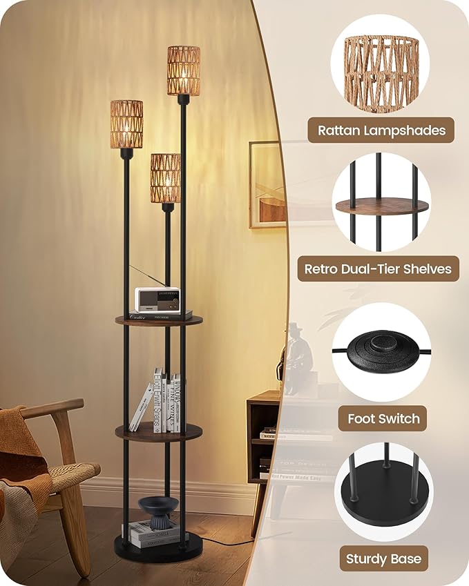 Floor Lamp with Shelves, Boho Floor Lamp with Foot Switch, 3-Light Standing Lamp, for Living Room, Bedroom, Study, Rustic Brown and Yellow YF53LD05 