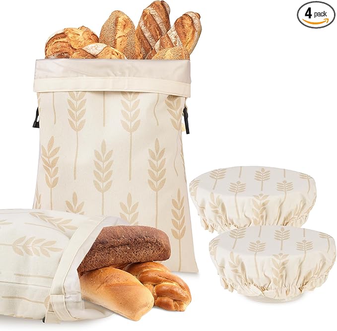 LAKE OF FIRE 16.9"x12.6" Reusable Bread Storage Bags for Homemade Bread with Reusable 2 Bowl Covers,Large Sourdough Bread Bags Food Storage Cloth Bag(Beige + Wheat)