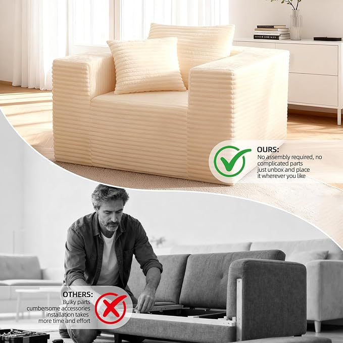 Single Sofa Foam Couch Sofa for Small Spaces, Giant Bean Bag Chair, Comfy Sofas with Removable Cover Furry Couch Pillows for Living Room, Bedroom, Apartment, Dorm, Office
