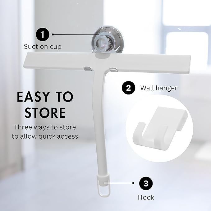 11 inch Squeegee Set with Over Wall Hanger, Suction Cup, and Hook, Glass Cleaning Squeegee for Shower Doors, Windows, Glass Doors, Bathrooms, Mirrors, Car Windshield - Matte White