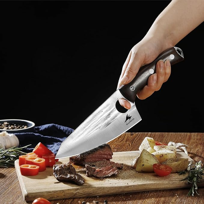 Chef's Knife - 6.2", High Carbon Stainless Steel Blade Perfect Kitchen Knive, Chopping, Julienne and Slicing Kitchen Knife Full Tang with Ergonomic Ash Wood Handle, Leather Sheath