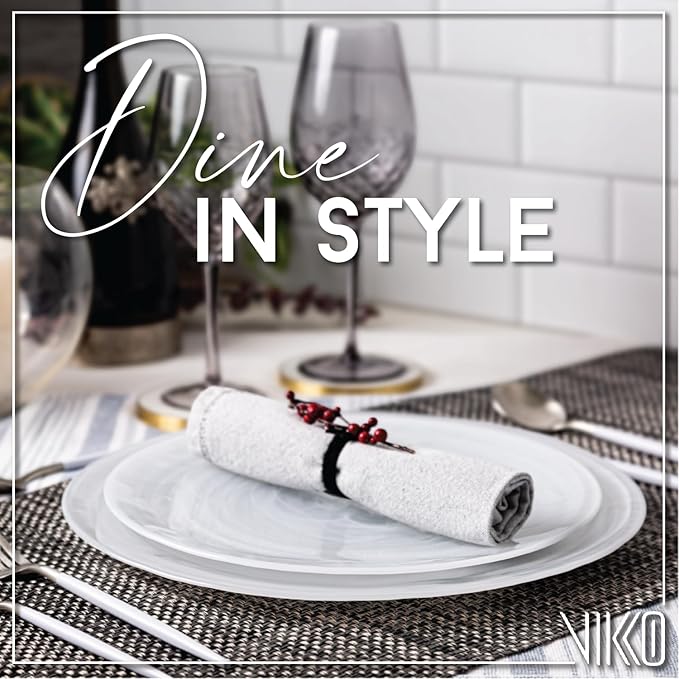 Vikko Charger Plates, Set of 6 White Alabaster Dinner Plates, 13" Plate with Marbelized, Swirl Design, Elegant Glass Charger, Dishwasher Safe