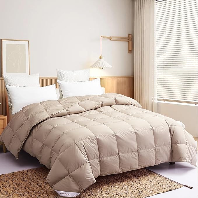 SNOWMAN Extra-Soft Down Blanket Twin, Lightweight Down Comforter with 8 Corner Tabs, Cooling Bed Comforter for Hot Sleeper, 14oz Fill Weight and Noiseless Down Proof Fabric (Khaki, 68"x90")