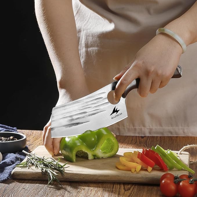 Nakiri Knife, 5.5" - High Carbon Stainless Steel Blade Usuba-Knive, for Cooking, Chopping, Full Tang, Ergonomic Ash Wood Handles, with Leather Sheath