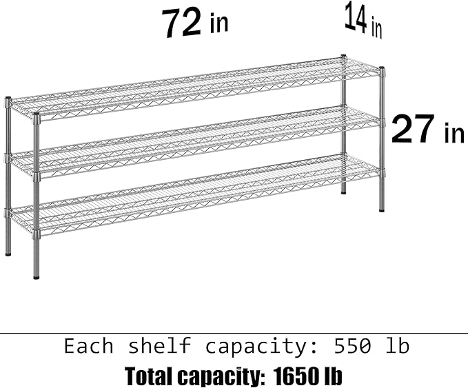 14" Deep x 72" Wide x 27" Height Wire Shelving Kit | 3-Tier | NSF Commercial Storage Rack Unit