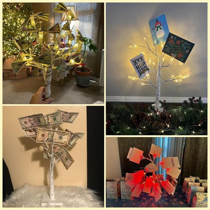 2 Pack Money Tree Gift Card Holder- DIY Birch Tree Lamp with 12 Clips and 24 Twig LEDs, Display Money Cash Photo for Birthday Christmas Home Party Festival Wedding (Coloured 2Pack)