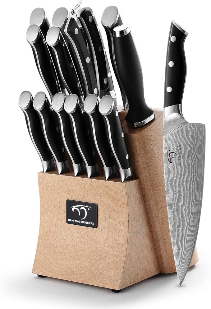 Damascus Kitchen Knife Set, 15-Piece Kitchen Knife Set with Block, ABS Ergonomic Handle for Chef Knife Set and Serrated Steak Knives Knife Sharpener and Kitchen Shears, Beechwood Block