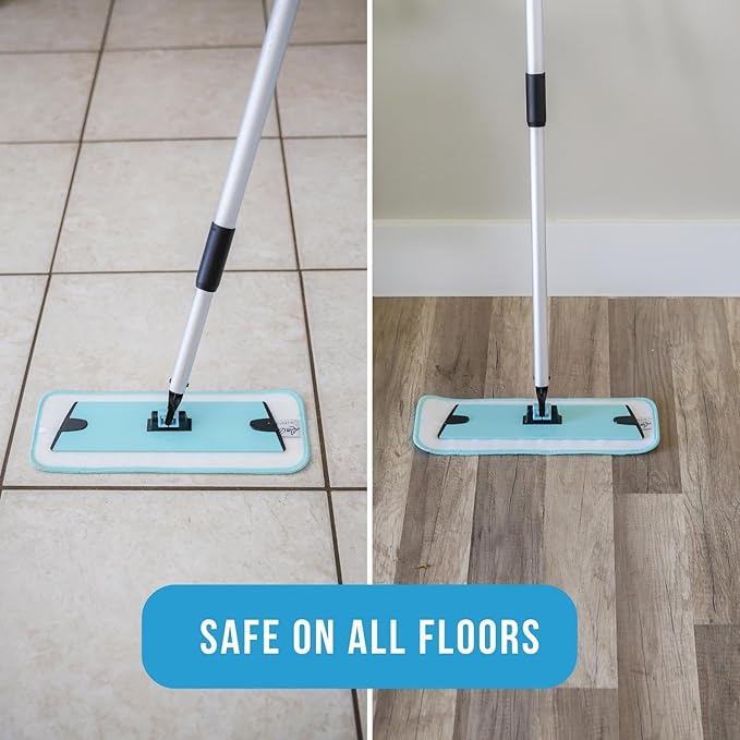 Don Aslett's 12" Mop with 2 Reusable Microfiber Pads (Aqua) Bathroom or Kitchen | 360° Rotating Head | Machine Washable | Extending Pole