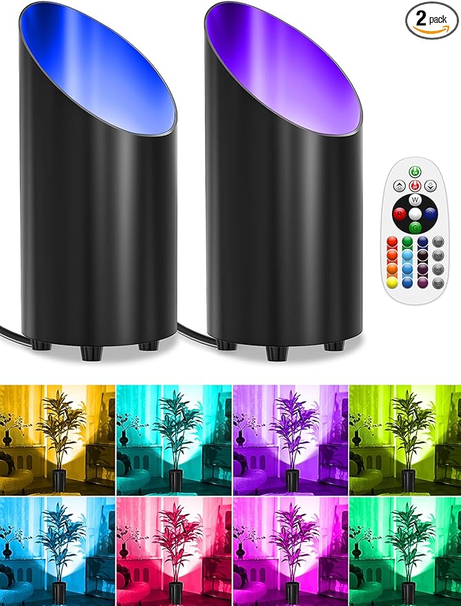 ZUCKEO RGB Spotlight Indoor Uplights 5W Floor Can Light Up Accent Lighting, LED Color Changing Spot Lights for Home Plant Christmas Halloween Decor, GU10 Bulb, 5.25FT Plug in Cord & Switch, 2 Pack