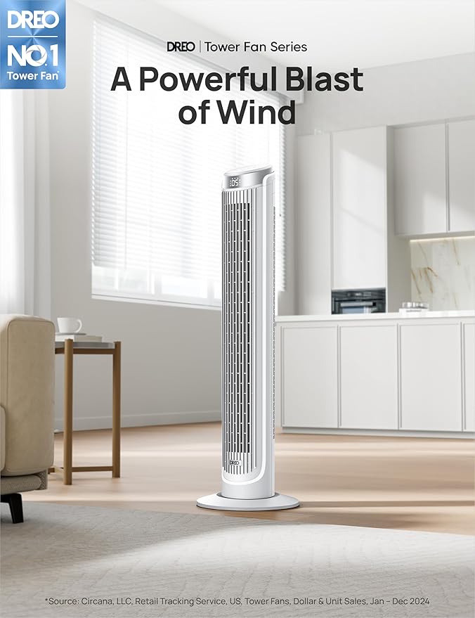 Dreo Tower Fans for Bedroom, 90°Oscillating Fans for indoors,5 Speeds 4 Modes Max 26ft/s, 12H Timer, LED Display with Touch, Remote, 40" Quiet Bladeless Standing Floor Fan for Home Office, White