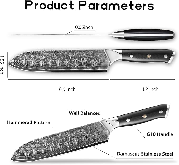 7 inch Santoku Knife, Professional Japanese VG10 Steel Damascus Knife-G10 Handle for cutting Meat,Fish,Fruit, Vegetable