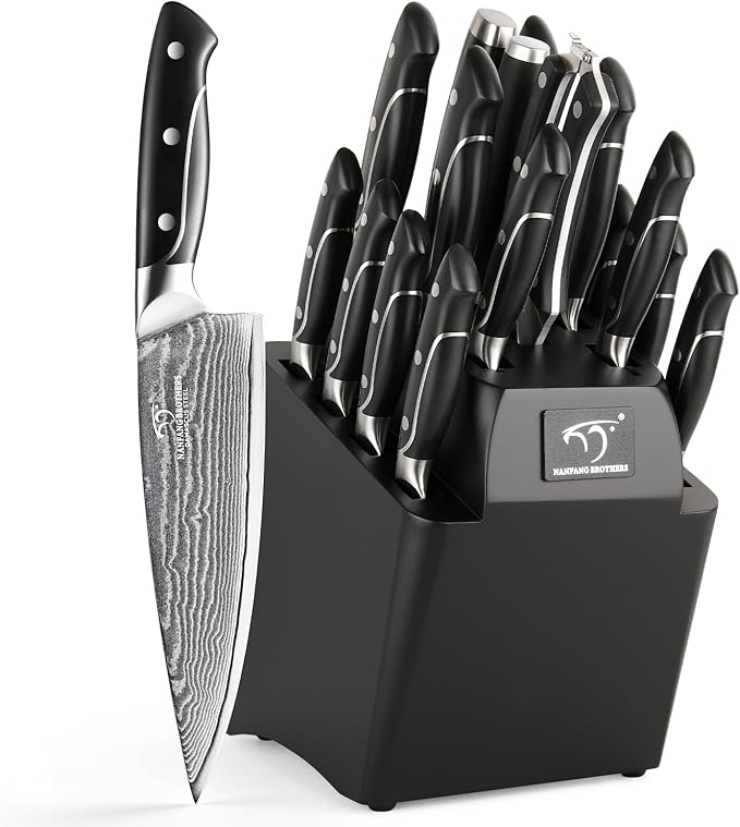 18 Pieces Damascus Kitchen Knife Set, 8 Piece Steak Knives, Non-slip ABS Ergonomic Triple Rivet Handle for Meat Fork, Knife Sharpener and Shears, 17 Slots Wooden Knife Block