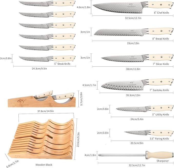 NANFANG BROTHERS Damascus Kitchen Knife Set,14 Pieces Drawer Knife Set,ABS Ergonomic Handle for VG10 Steel Professional Chef Knives Set with Block and Steak Knives