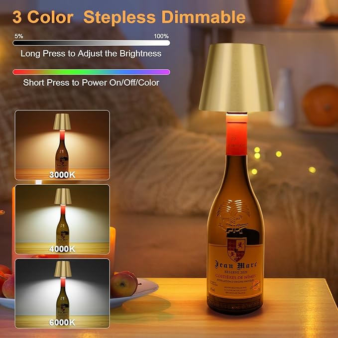 DUSKTEC Wireless Wine Bottle Lampshade, 8 RGB Modes, Light Temperature 3000-6500K, Rechargeable Touch Wine Bottle Lamp, Portable Wireless Lamp, Bar Lights, Party, Gift (Gold)