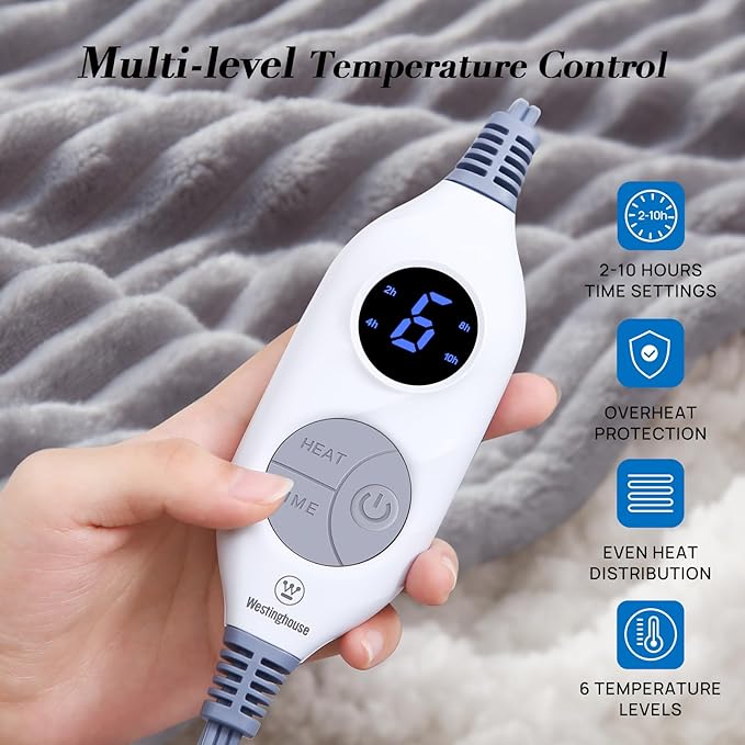 Westinghouse Heated Throw Blanket, Soft Flannel Sherpa Electric Throw with 6 Heating Levels & 2-10 Hours Auto Shut Off, Fast Heating & ETL Certification, Machine Washable, 50x60 Inch, Light Grey