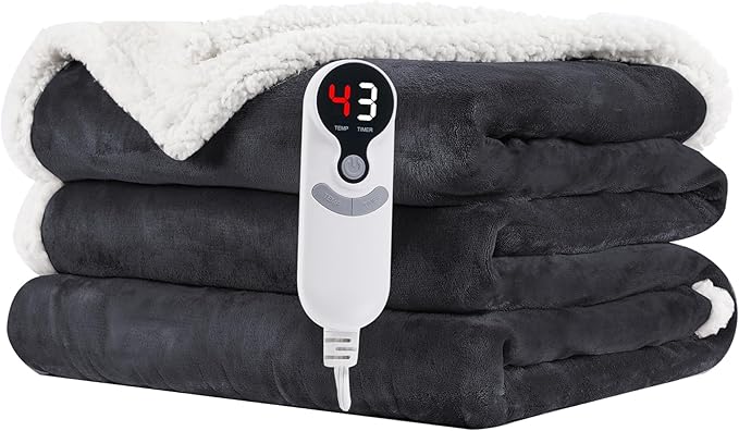 Electric Heated Blanket Twin Size 62"x84" - Flannel & Sherpa Fabric Dual-Sided, 6 Heat Settings & 10 Hours Auto Off, Soft & Cozy Warming Throw for Home, Office, or Bed, Machine Washable, Iron Gray