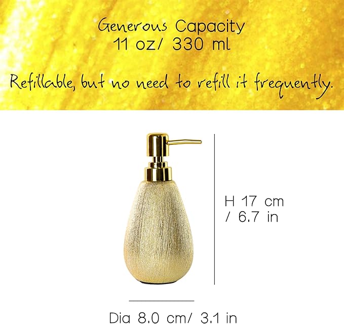 Brushed Gold Ceramic Soap Dispenser, 11 oz Textured Hand or Dish Soap Dispenser with Golden Plastic Pump for Bathroom or Kitchen Countertop