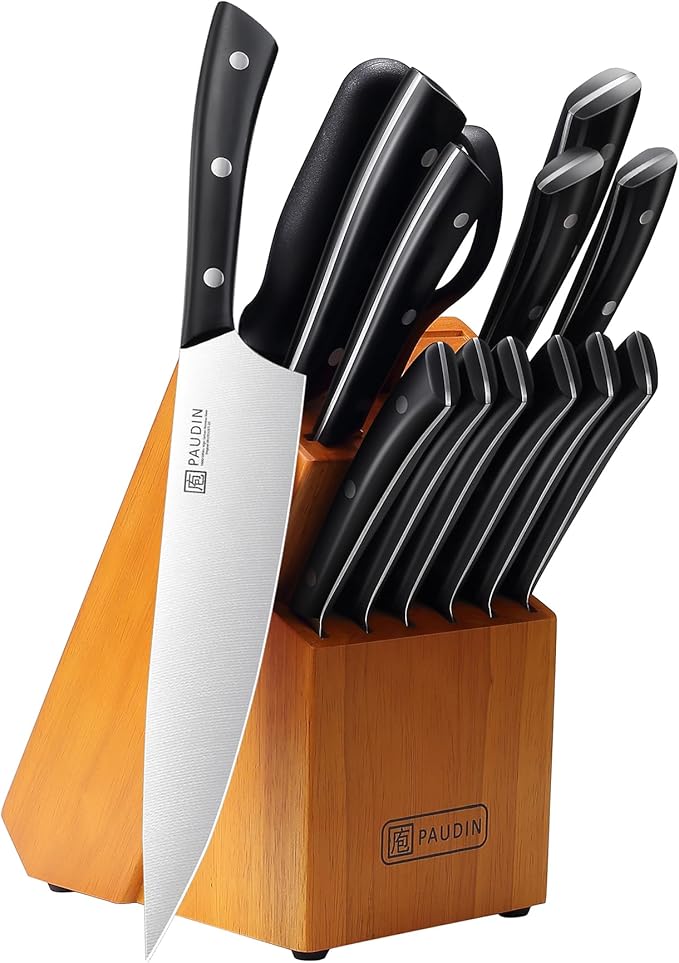 PAUDIN Knife Block Set, 15-Piece Knife Set with Block, High Carbon German Steel Kitchen Knife Set with Block and Sharpener, Sharp Knives Set for Kitchen, Precision Cutting with Ergonomic Handle