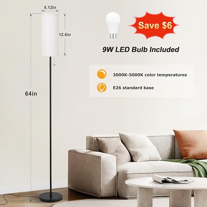 Ambimall Floor Lamp with 3 Color Temperatures Bulb Set of 2, 64" Standing lamp with Linen lampshade for Bedroom, Minimalist Pole Lamp, Beige Shade & Black Pole