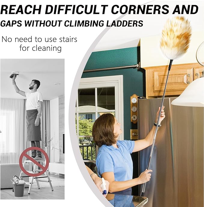 Extendable Lambswool Duster 30-55inch with Aluminium Alloy Handle, Natural Long Feather Duster for Cleaning Fans, Ceiling, Bookshelevs, for Home&Office