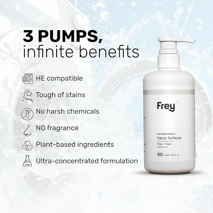 FREY Natural Liquid Fabric Softener & Conditioner | Laundry Softener for Clothing | Works In All Machines + HE | Powered by Natural Ingredients (1-pack, Fragrance-free)