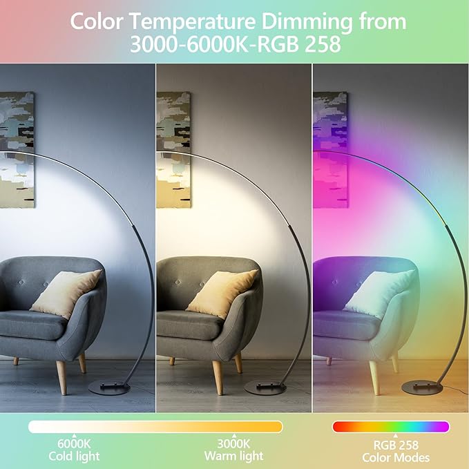 CHICLUX RGBW Arc Floor Lamp, Dimmable LED Floor Lamp with RGBW, Ultra Bright, Modern Standing Tall Lamp with Remote Reading Floor Lamp for Living Room Bedroom Office