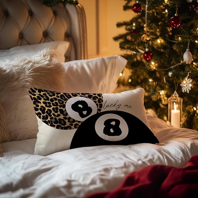 Preppy Pink Lucky 8 Ball Leopard Throw Pillow Covers 20x12,Cheetah Print Room Decor, Trendy Funky Y2K Leopard Print Motivational Decorative Pillow Covers for Girls Room Dorm Apartment,Set of 2