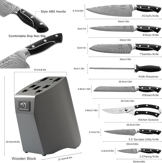 Damascus Kitchen Knife Sets, 9 Pieces Kitchen Knives Set with Block, ABS Ergonomic Handle for Chef Knife Set, Knife Sharpener and Kitchen Shears, Knife Block Set