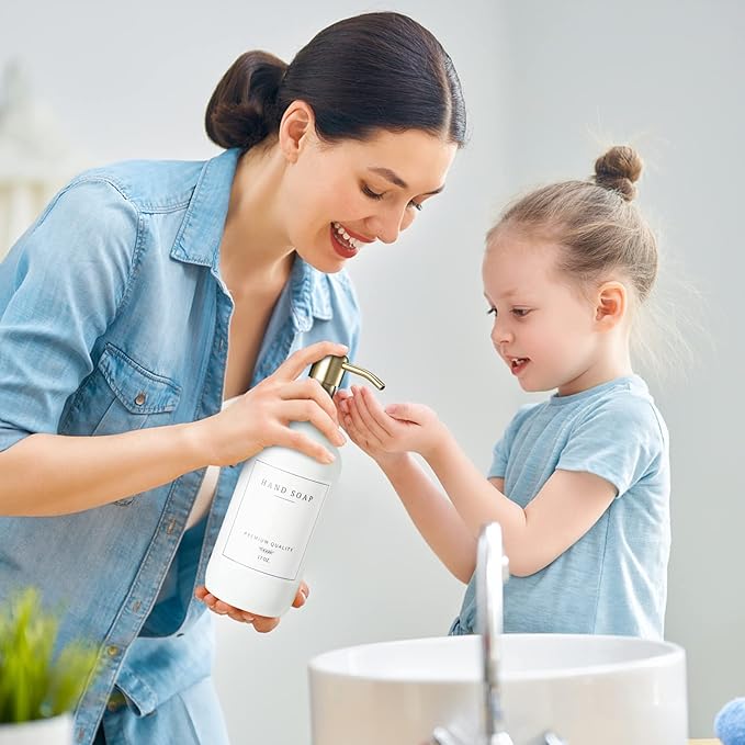 Glass Soap Dispenser for Kitchen Sink,Farmhouse Kitchen Dish Soap Dispenser&Hand Soap Dispenser Set,Rustproof Pump Soap Lotion Dispenser Bathroom with Tray,Waterproof Label for Decor(White