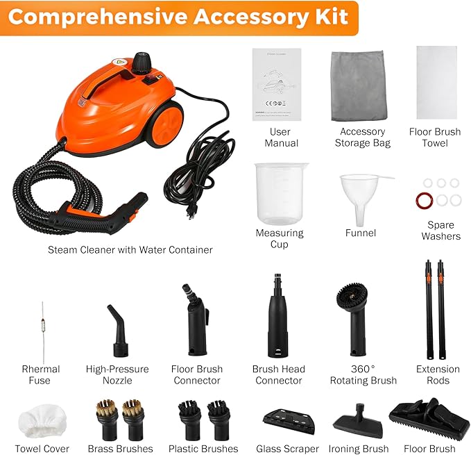 BEAMNOVA Steam Cleaner Electric Household Steamer High Pressure Multipurpose Cleaning Machine Heavy Duty Rolling for Floor Carpet Car Detailing Windows Home, Inside Water Container with Roller, Orange