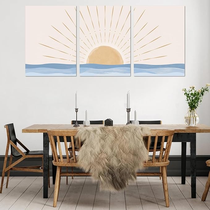 Boho Minimalist Wall Art Set of 3, Framed Canvas Prints - Geometric Line Sunrise Designs, Modern Neutral Wall Art for Living Room, Bedroom, Bathroom, Office, Hotel