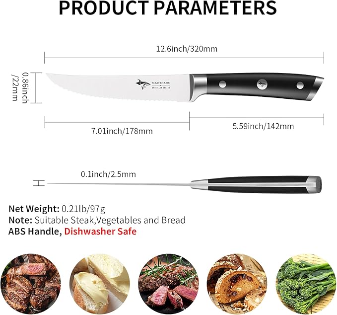 MAD SHARK Steak Knives Set of 6,Premium 12.6-inch Serrated Steak Knife Set,Ultra Sharp German High Carbon Stainless Steel Triple Rivet Collection 6-Piece Kitchen Steak Knife Set (STEAK KNIFE SET OF 6)