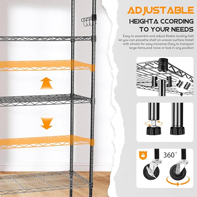 YNN Storage Shelves,1750Lbs 5 Tier Heavy Duty Metal Rolling Shelving Unit with Wheels & 8 Hooks, Adjustable Garage Wire Rack for Kitchen, Bathroom,Industrial,Pantry(36" W x 14" D x 72" H,Black)