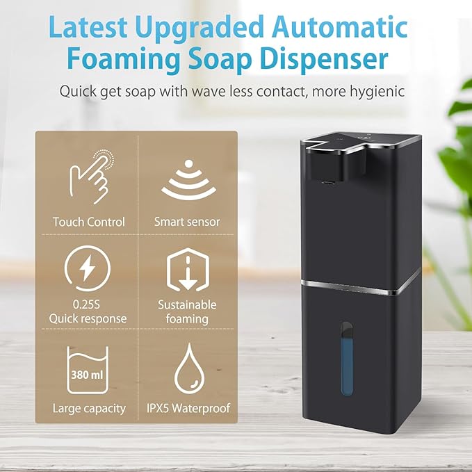 Automatic Foaming Soap Dispenser Touchless 380ml/12.8oz Rechargeable Hand Soap Dispenser Wall Mounted 4 Levels Adjustable Foam Soap Pump for Bathroom Kitchen Dish Soap