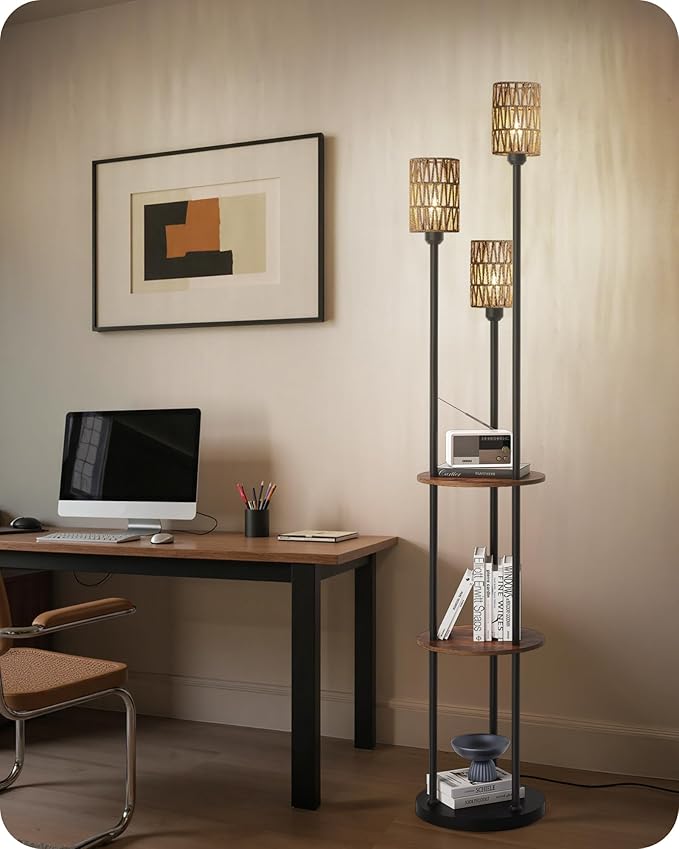 Floor Lamp with Shelves, Boho Floor Lamp with Foot Switch, 3-Light Standing Lamp, for Living Room, Bedroom, Study, Rustic Brown and Yellow YF53LD05 