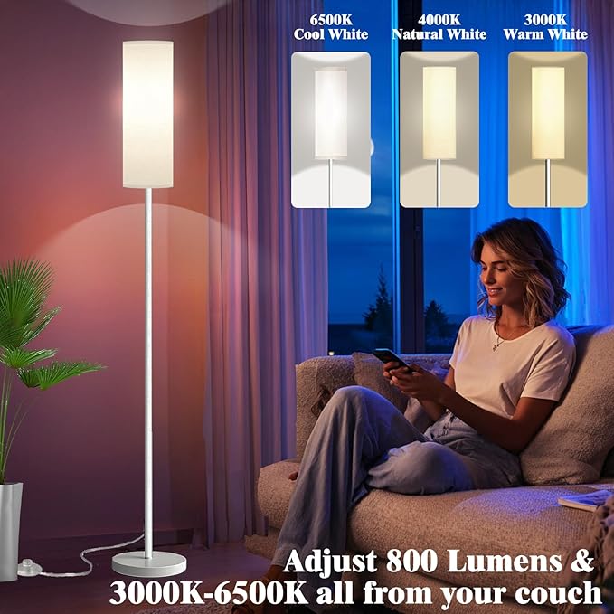 Smart LED Floor Lamp with APP Control & RGB Colors - Dimmable Standing Lamp for Living Room, Bedroom, Gaming - Remote, Timer, 9W Bulb Included, 67" Modern Tall Lamp (White)
