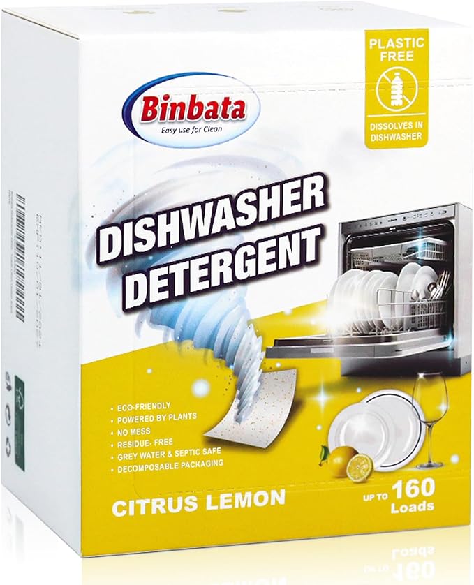 Eco Dishwasher Detergent Sheets Up To 160 Loads, Citrus Lemon Scent Plastic Free Dishwashing Soap Strips With High Efficient Solid Enzyme, Leaving Dishes Sparkling Clean