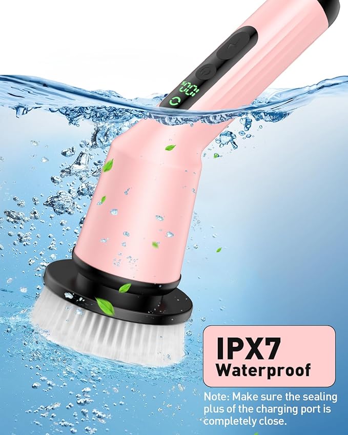 Electric Spin Scrubber for Cleaning Bathroom, Shower Scrubber Cordless Cleaning Brush with IPX7 Waterproof & 2 Speed, 3 Brush Heads, Bathroom Cleaning Supplies for Shower Tub Kitchen Tile Toilet Pink