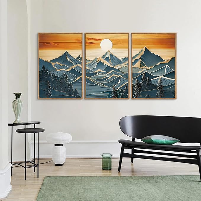 Tinonedraw Vintage Mountain Framed Canvas Wall Art Set of 3, Boho Nature Wilderness Art Prints, Mid Century Modern Ridge Scenery Wall Decor, Sunrise Forest Woodcut Style Art Paintings for Living Room Bedroom, Office 16"x24"