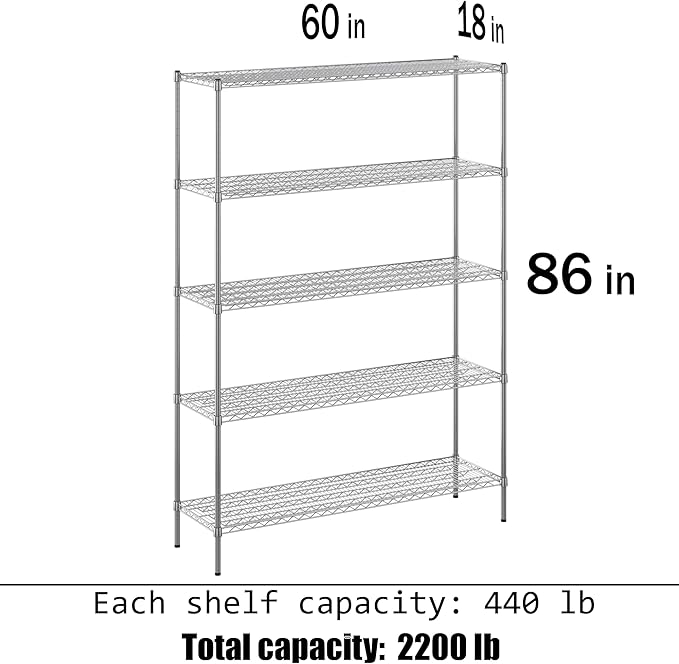 18" Deep x 60" Wide x 86" Height Wire Shelving Kit | 5-Tier | NSF Commercial Storage Rack Unit