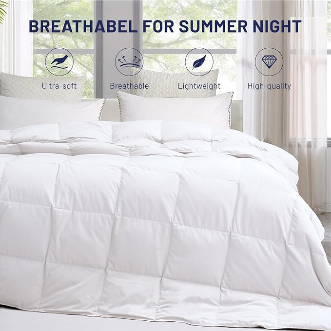 SNOWMAN Extra-Soft Down Blanket Queen, Lightweight Down Comforter with 8 Corner Tabs, Cooling Bed Comforter for Hot Sleepers, 18oz Fill Weight and Noiseless Down Proof Fabric (White, 90"x90")