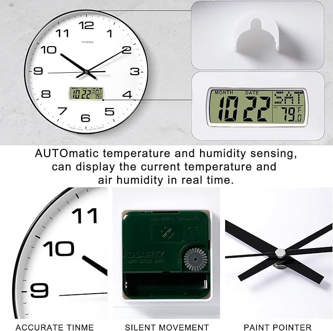 Wall Clock, 14" Large Dial Non-Ticking Silent Battery Operated Analog with LCD Display for Perpetual Calendar and F° Temperature, Ideal Modern Home, Bedroom, Office Decor (Black)