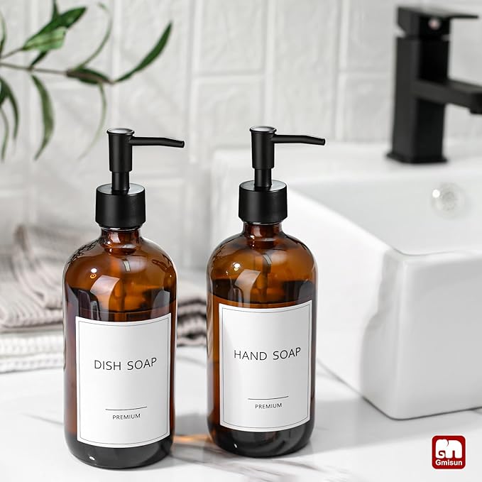 GMISUN Amber Glass Soap Dispenser, 2 Pack Bathroom Hand Soap Dispensers with Stainless Steel Pump, 17 Fl Oz Kitchen Hand and Dish Soap Dispenser Set, Modern Vintage Liquid Brown Soap Dispensers Bottle