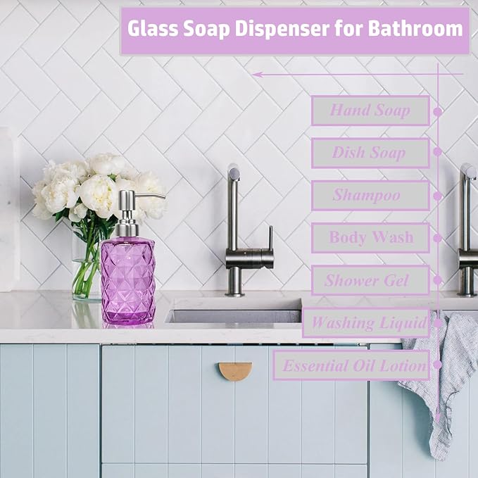 12Oz Purple Glass Soap Dispenser with Stainless Steel Pump, Refillable Kitchen Liquid Hand Soap Dispenser with Diamond Design, for Dispense Hand soap, Dish Soap, Lotion, Bathroom, Countertop, Hotel