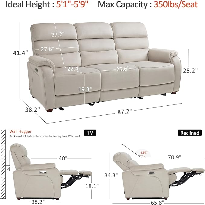 MCombo Wall Hugger Recliner Sofa with Drop Down Table, Power Reclining Sofa with Adjustable Headrest, USB A&C Charge Ports, Reading Lamp, Cup Holders, for Living Room, RVs (Fabric, ST258M3, Beige)