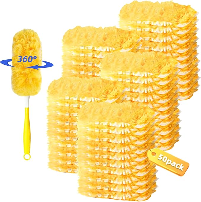 50 Pack 360° Dusters Refills for Swi-ffer Dusters with 4X Microfibers, Heavy Duty Efficient Duster Kit Disposable Refills with 1 Handle for Cleaning Furniture, Blinds, Ceiling Fans, Pet Hair