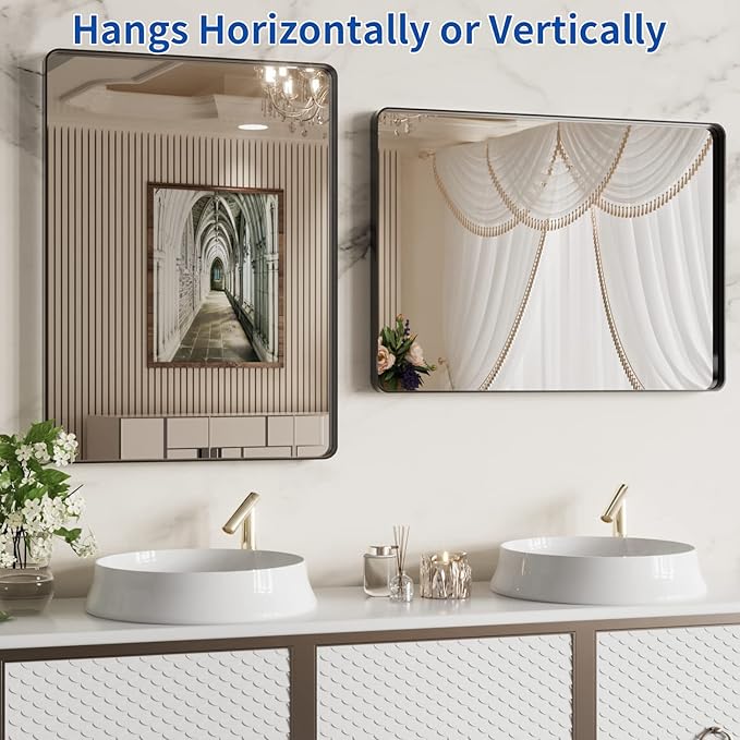 WEER Black Bathroom Mirror 22X30 Inch, Rounded Rectangle Matte Black Bathroom Vanity Mirror, Black Metal Framed Mirror for Wall, Tempered Glass, Anti-Rust, Hangs Horizontal or Vertical