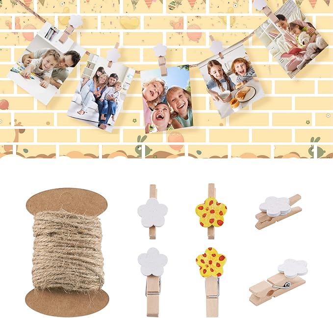 Pandahall 100pcs White Flower Clothespins Wooden Photo Paper Peg Graft Clips Pins with 10.93 Yards Natural Jute Twine for Paper Photo Display Hanging Home Party Decoration