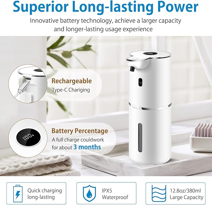 Automatic Foaming Soap Dispenser 12.8oz, Rechargeable & 6 Levels Foaming Adjustable with Digital Display, Wall Mount, Waterproof, Touchless Hand/Dish Soap Dispenser for Kitchen, Bathroom, Hotel